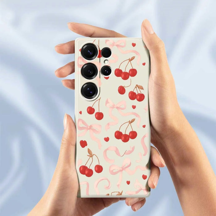 For Samsung Galaxy S25 Ultra Case Big Bow Cherry Pattern Printing Straight Edge TPU Phone Back Cover - Beige - 6