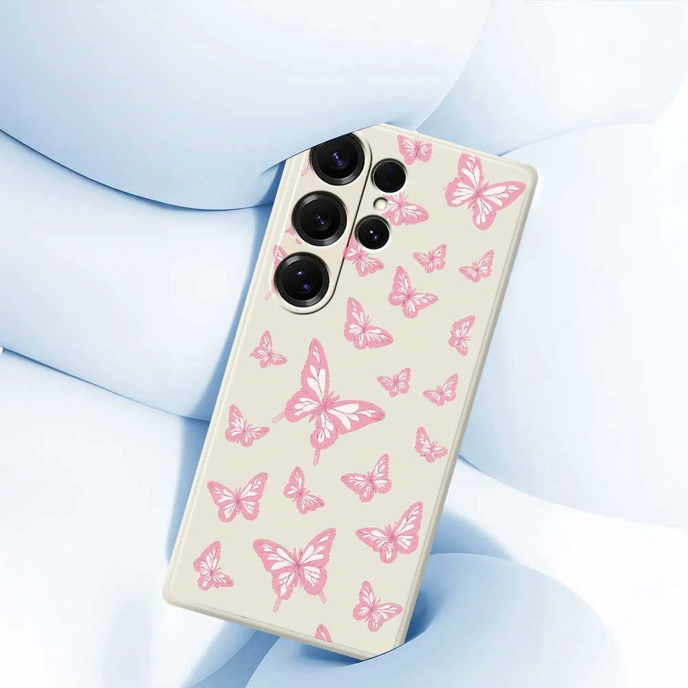 For Samsung Galaxy S25 Ultra Case Pink Butterflies Pattern Printing Straight Edge TPU Phone Back Cover - Beige - 5