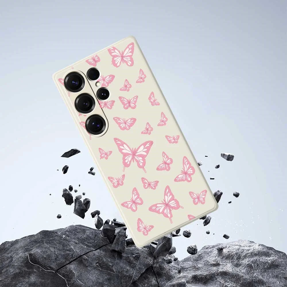 For Samsung Galaxy S25 Ultra Case Pink Butterflies Pattern Printing Straight Edge TPU Phone Back Cover - Beige - 7