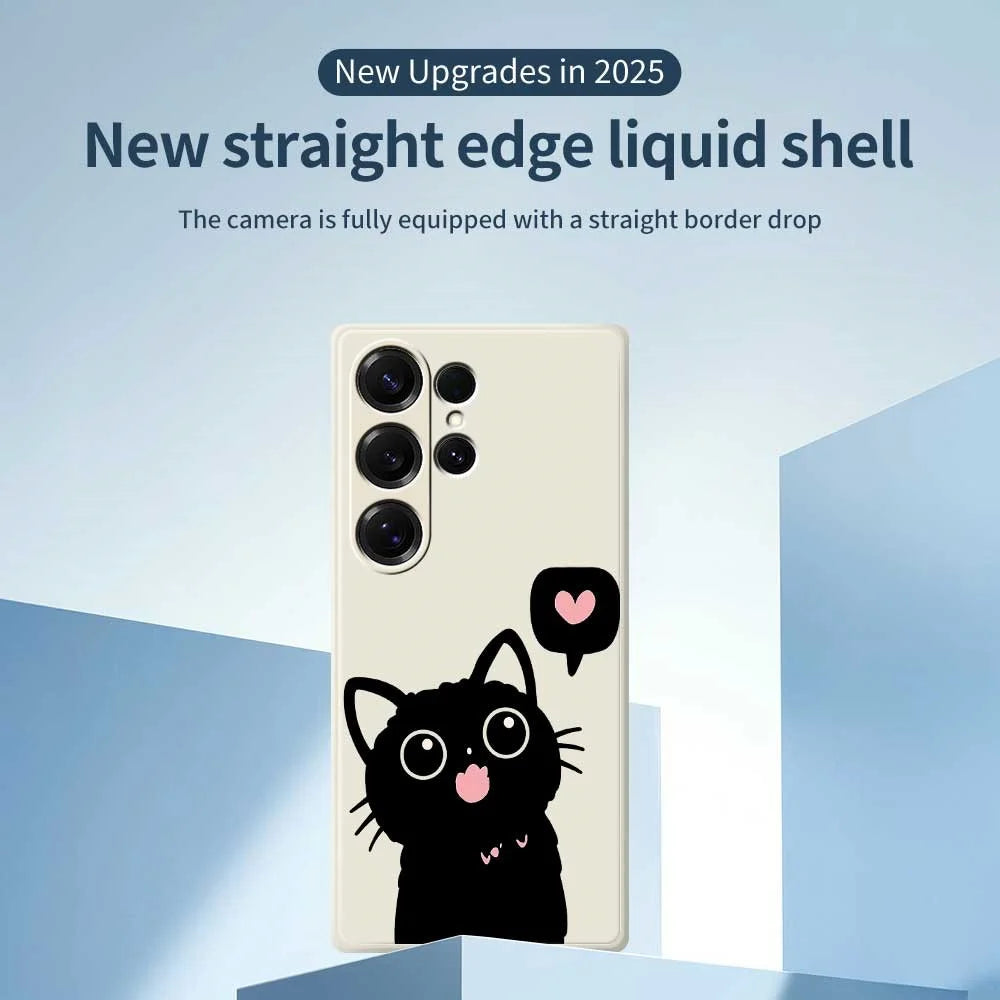 For Samsung Galaxy S25 Ultra Case Love Black Cat Pattern Printing Straight Edge TPU Phone Back Cover - Beige - 3