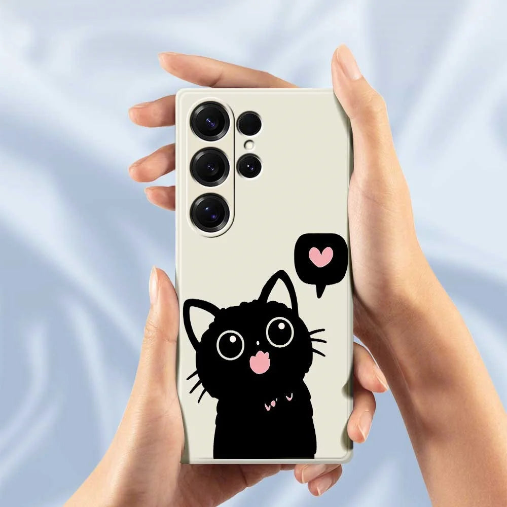For Samsung Galaxy S25 Ultra Case Love Black Cat Pattern Printing Straight Edge TPU Phone Back Cover - Beige - 6