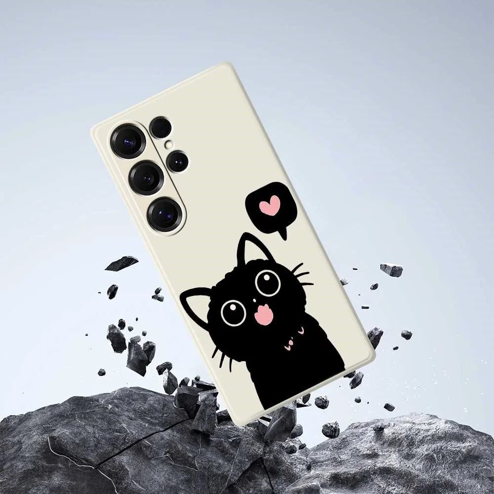 For Samsung Galaxy S25 Ultra Case Love Black Cat Pattern Printing Straight Edge TPU Phone Back Cover - Beige - 7