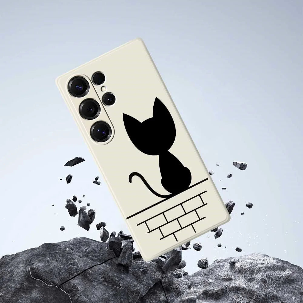 For Samsung Galaxy S25 Ultra Case Black Cat on the Wall Pattern Printing Straight Edge TPU Phone Back Cover - Beige - 7