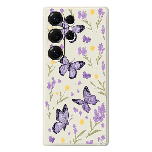 For Samsung Galaxy S25 Ultra Case Purple Butterflies Pattern Printing Straight Edge TPU Phone Back Cover - Beige - 1