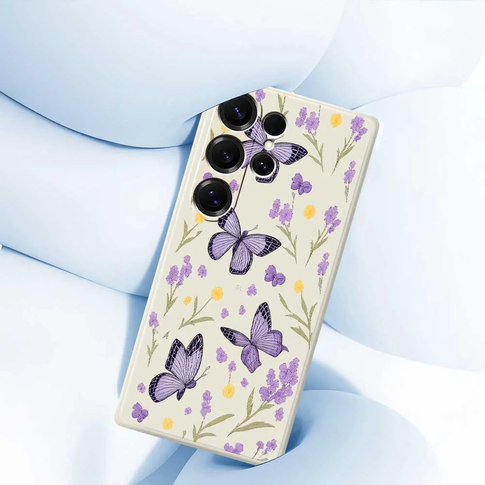 For Samsung Galaxy S25 Ultra Case Purple Butterflies Pattern Printing Straight Edge TPU Phone Back Cover - Beige - 4