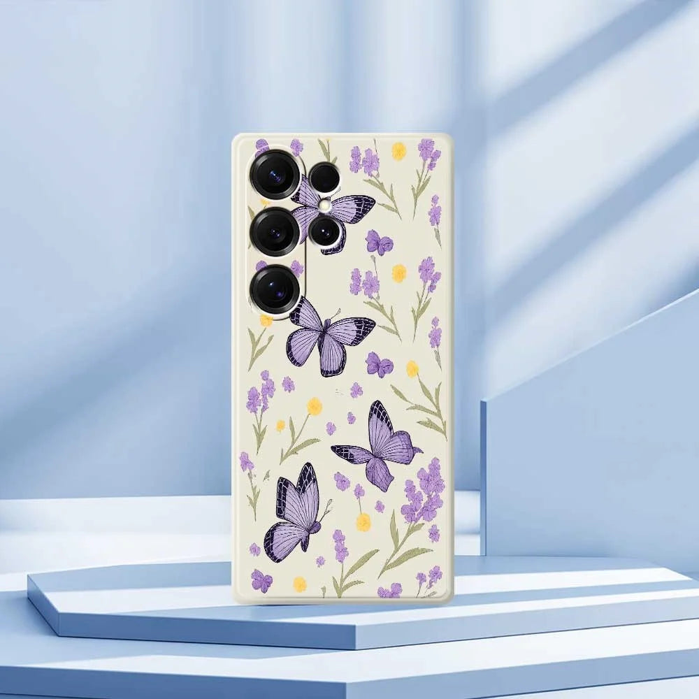For Samsung Galaxy S25 Ultra Case Purple Butterflies Pattern Printing Straight Edge TPU Phone Back Cover - Beige - 7