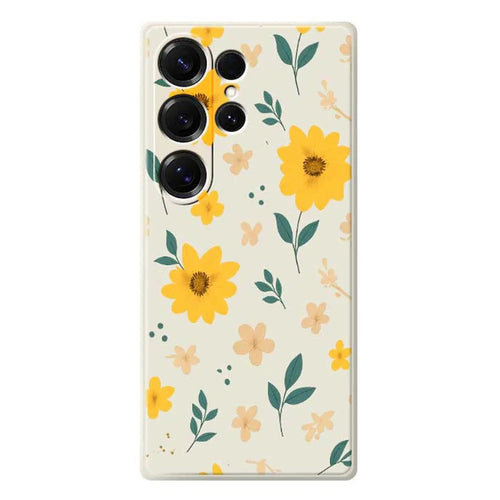 For Samsung Galaxy S25 Ultra Case Yellow Floral and Leaves Pattern Printing Straight Edge TPU Phone Back Cover - Beige - 1