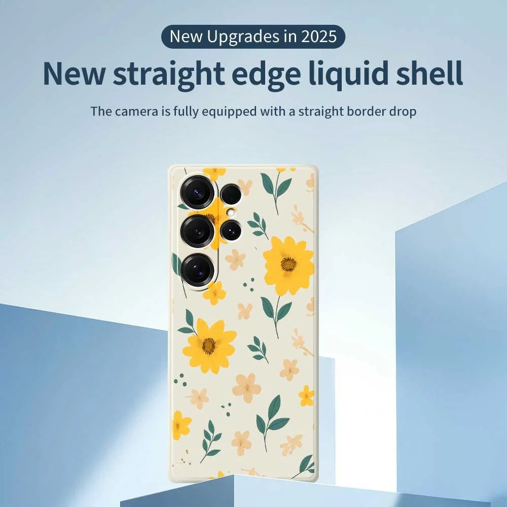For Samsung Galaxy S25 Ultra Case Yellow Floral and Leaves Pattern Printing Straight Edge TPU Phone Back Cover - Beige - 2