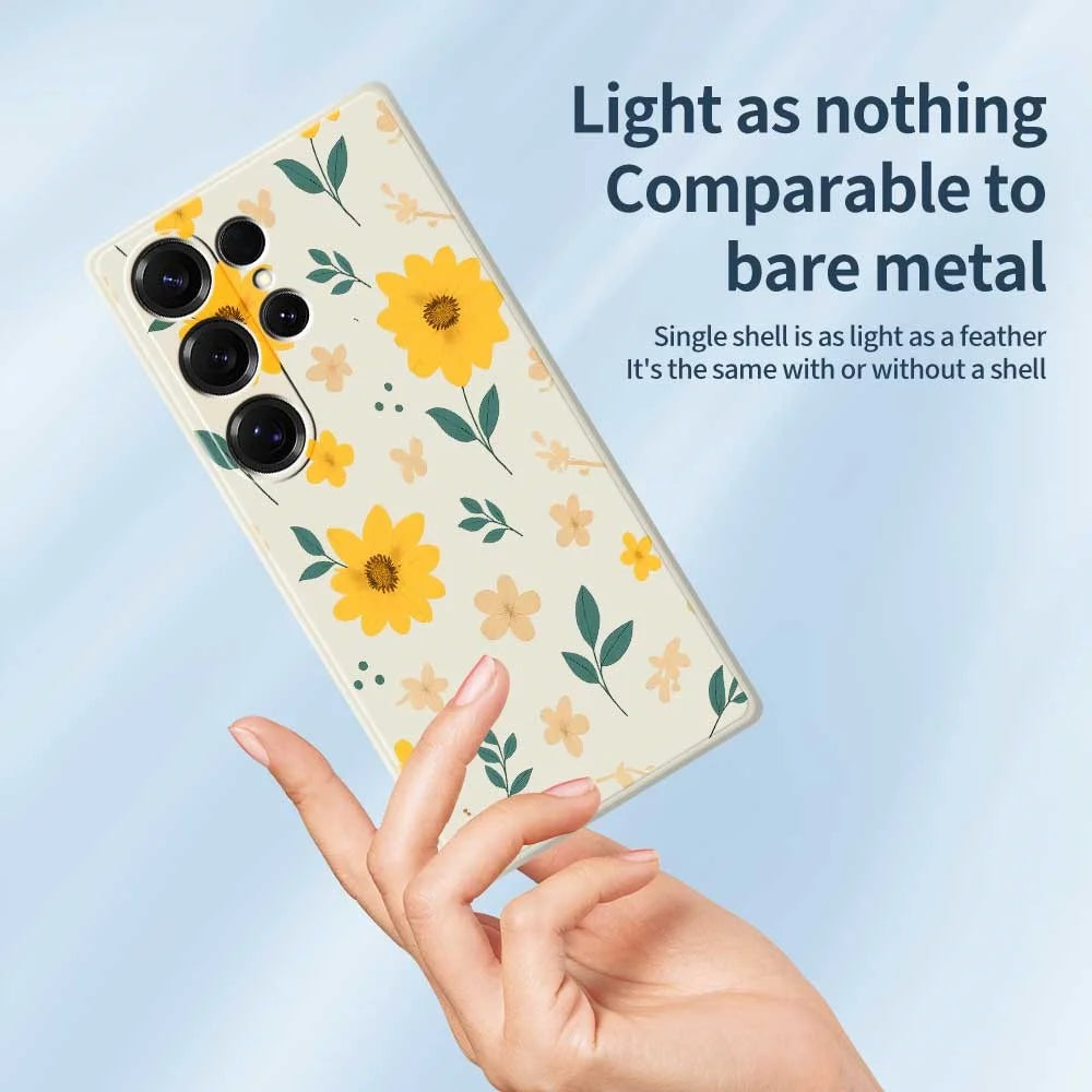 For Samsung Galaxy S25 Ultra Case Yellow Floral and Leaves Pattern Printing Straight Edge TPU Phone Back Cover - Beige - 3