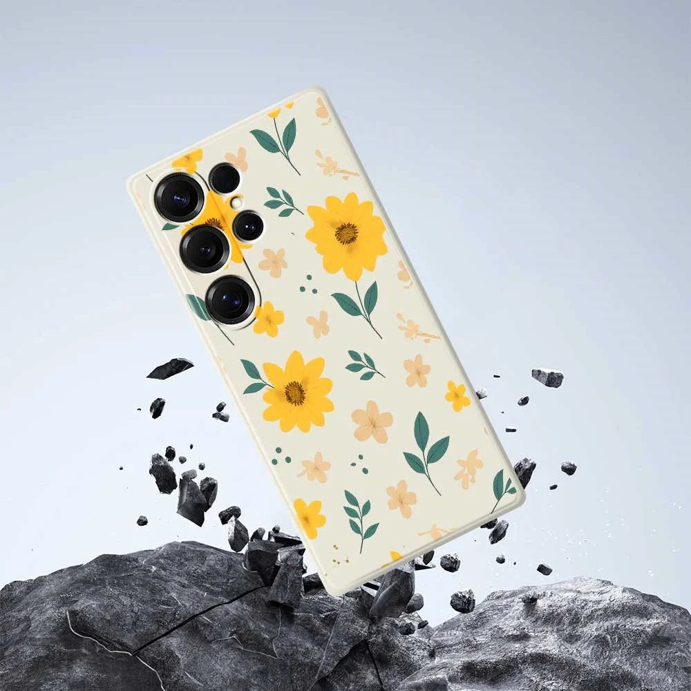 For Samsung Galaxy S25 Ultra Case Yellow Floral and Leaves Pattern Printing Straight Edge TPU Phone Back Cover - Beige - 6