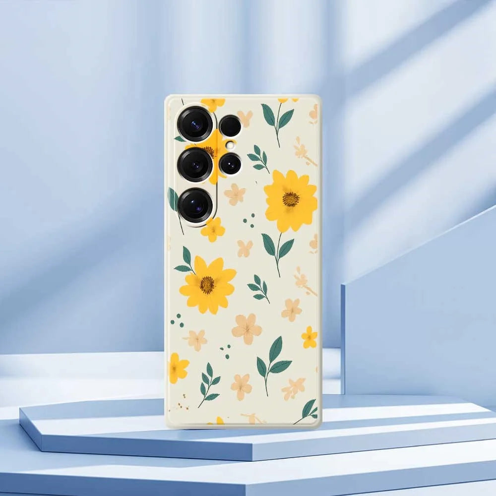 For Samsung Galaxy S25 Ultra Case Yellow Floral and Leaves Pattern Printing Straight Edge TPU Phone Back Cover - Beige - 7