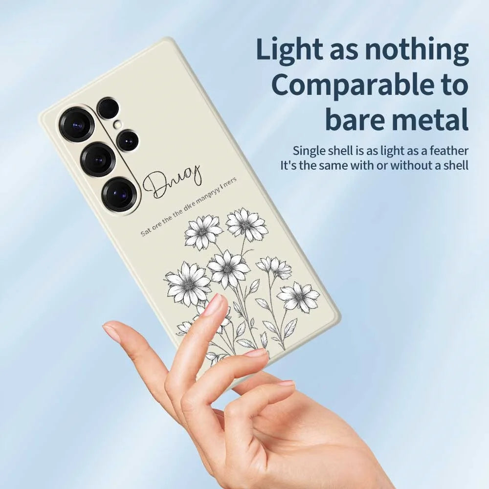 For Samsung Galaxy S25 Ultra Case Sketch Flowers Pattern Printing Straight Edge TPU Phone Back Cover - Beige - 3