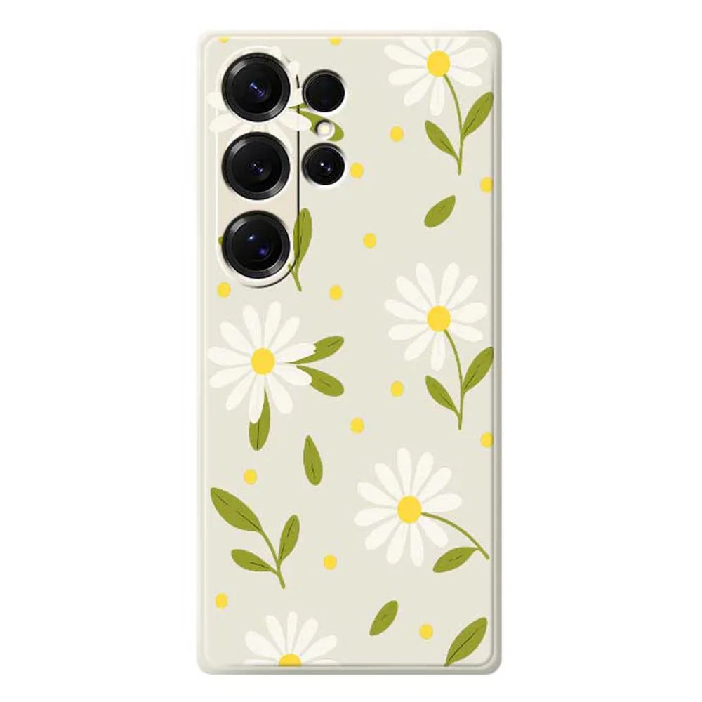 For Samsung Galaxy S25 Ultra Case White Flowers Green Leaves Pattern Printing Straight Edge TPU Phone Back Cover - Beige - 1