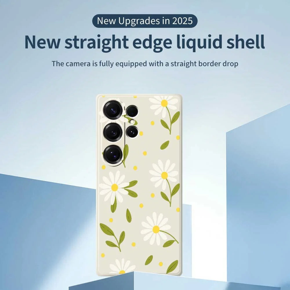 For Samsung Galaxy S25 Ultra Case White Flowers Green Leaves Pattern Printing Straight Edge TPU Phone Back Cover - Beige - 2