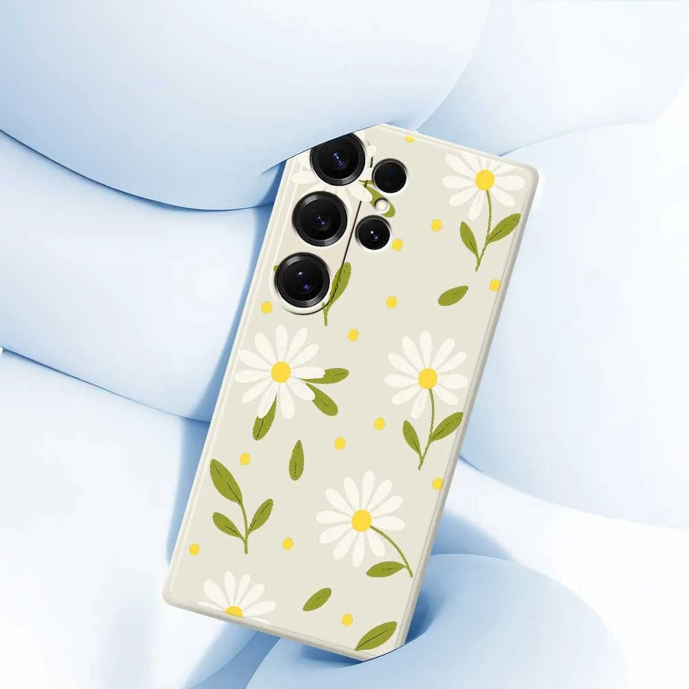 For Samsung Galaxy S25 Ultra Case White Flowers Green Leaves Pattern Printing Straight Edge TPU Phone Back Cover - Beige - 4