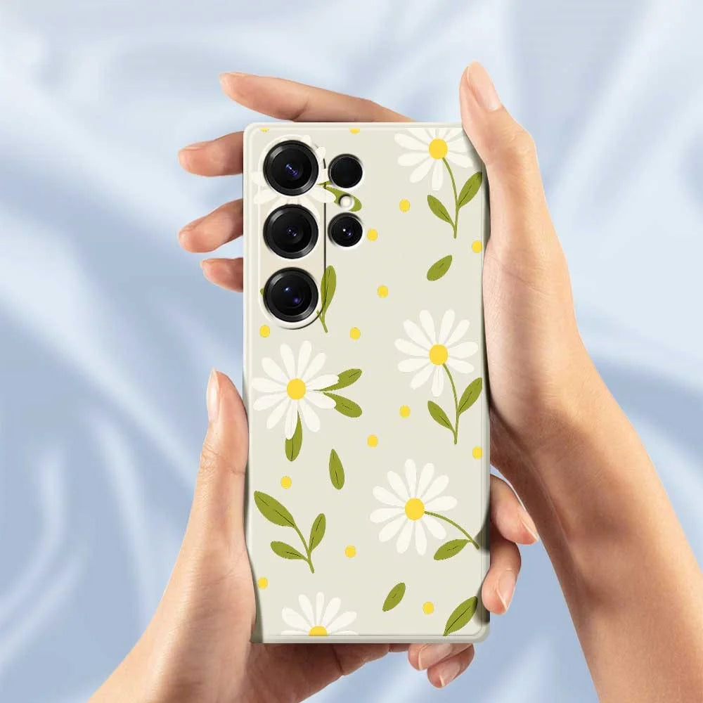 For Samsung Galaxy S25 Ultra Case White Flowers Green Leaves Pattern Printing Straight Edge TPU Phone Back Cover - Beige - 5
