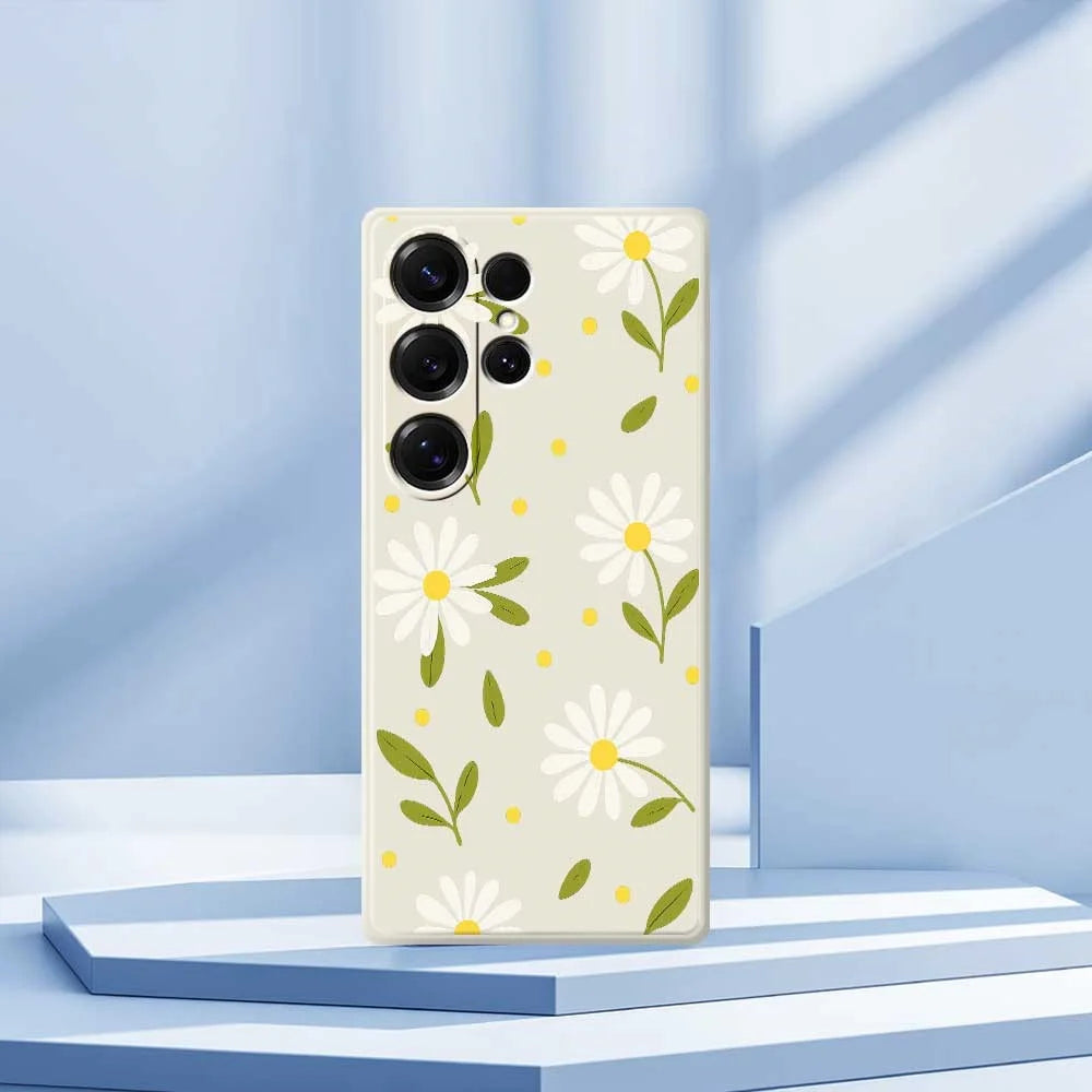 For Samsung Galaxy S25 Ultra Case White Flowers Green Leaves Pattern Printing Straight Edge TPU Phone Back Cover - Beige - 7