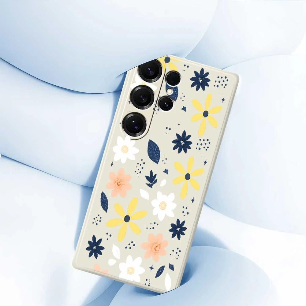 For Samsung Galaxy S25 Ultra Case Colorful Floral Blue Leaves Pattern Printing Straight Edge TPU Phone Back Cover - Beige - 4
