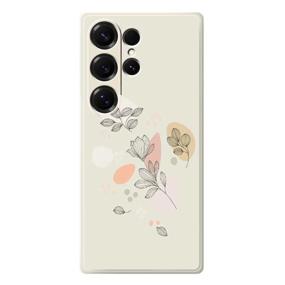For Samsung Galaxy S25 Ultra Case Sketch Leaves Pattern Printing Straight Edge TPU Phone Back Cover - Beige - 1