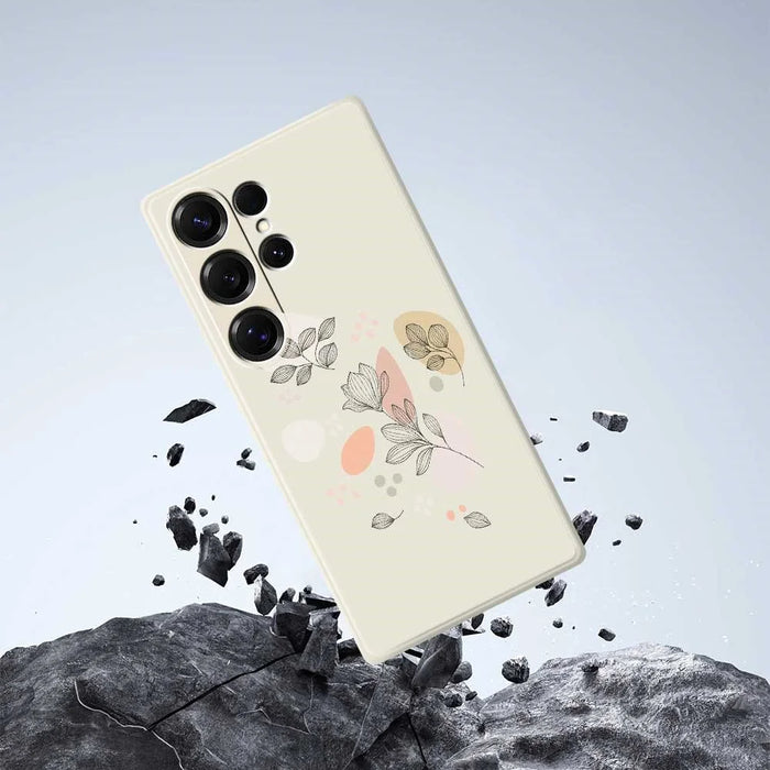 For Samsung Galaxy S25 Ultra Case Sketch Leaves Pattern Printing Straight Edge TPU Phone Back Cover - Beige - 6