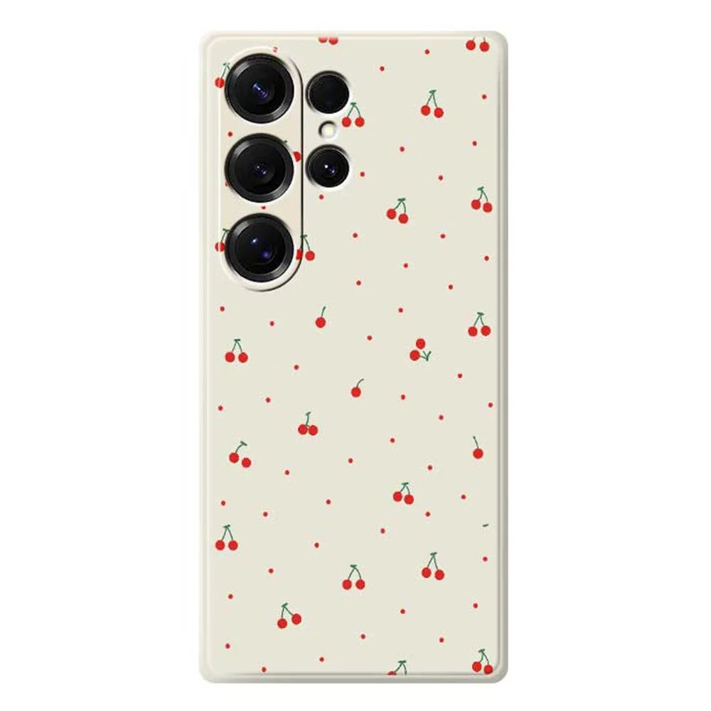 For Samsung Galaxy S25 Ultra Case Red Cherry Pattern Printing Straight Edge TPU Phone Back Cover - Beige - 1