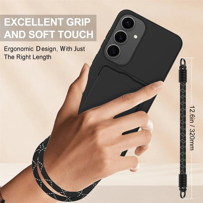 For Samsung Galaxy S24+ Case Liquid Silicone Card Holder Phone Back Cover with Short Strap - Black - 3