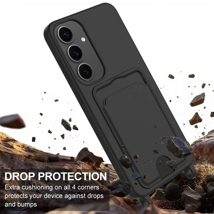 For Samsung Galaxy S24+ Case Liquid Silicone Card Holder Phone Back Cover with Short Strap - Black - 5