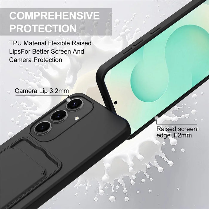 For Samsung Galaxy S24+ Case Liquid Silicone Card Holder Phone Back Cover with Short Strap - Black - 7