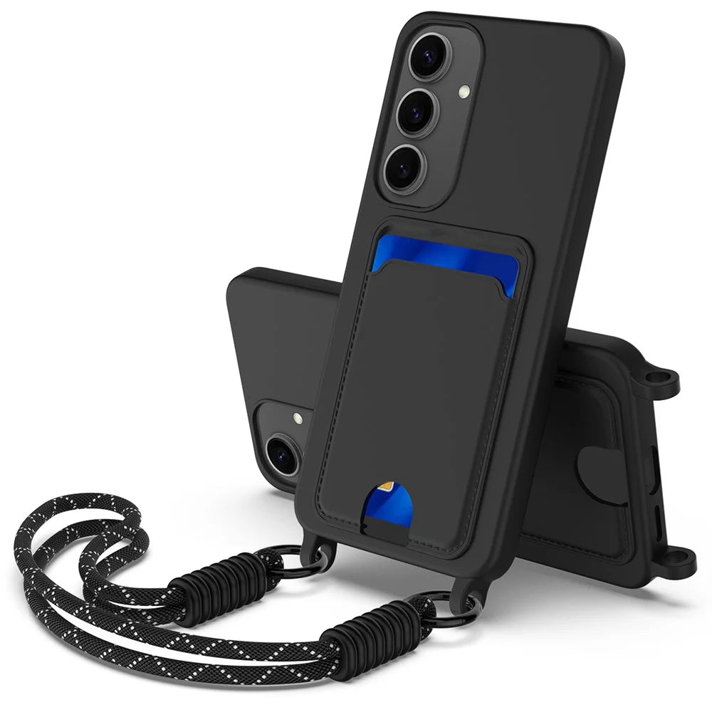 For Samsung Galaxy S24 Case Liquid Silicone Card Holder Phone Back Cover with Short Strap - Black - 1