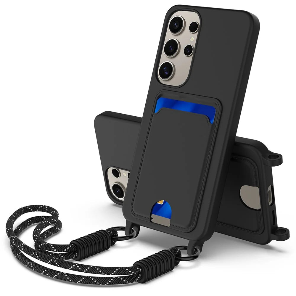 For Samsung Galaxy S24 Ultra Case Liquid Silicone Card Holder Phone Back Cover with Short Strap - Black - 1