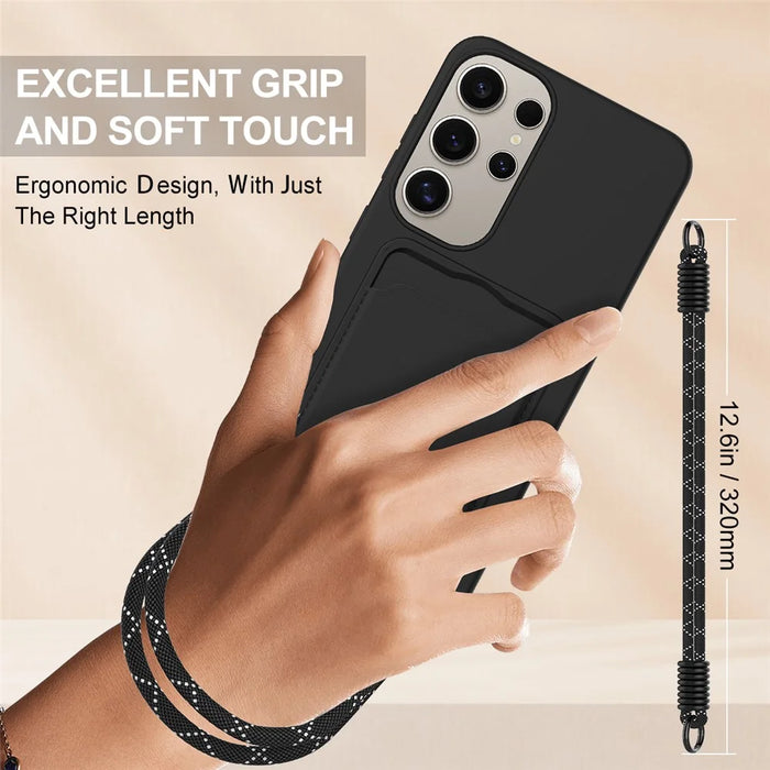 For Samsung Galaxy S24 Ultra Case Liquid Silicone Card Holder Phone Back Cover with Short Strap - Black - 3