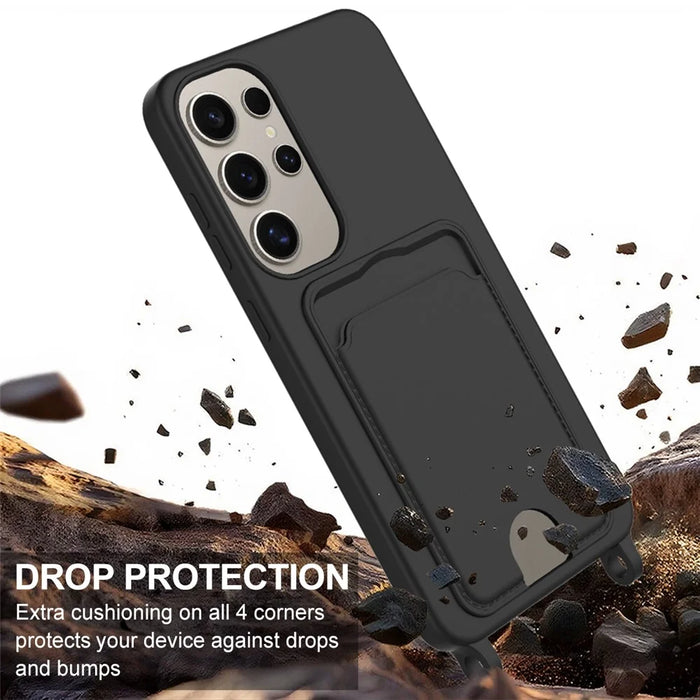 For Samsung Galaxy S24 Ultra Case Liquid Silicone Card Holder Phone Back Cover with Short Strap - Black - 4