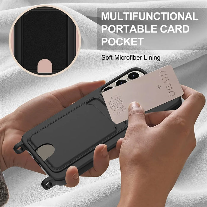 For Samsung Galaxy S24 Ultra Case Liquid Silicone Card Holder Phone Back Cover with Short Strap - Black - 5