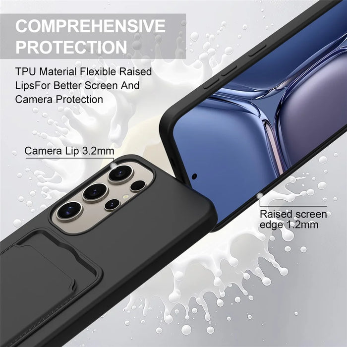 For Samsung Galaxy S24 Ultra Case Liquid Silicone Card Holder Phone Back Cover with Short Strap - Black - 6