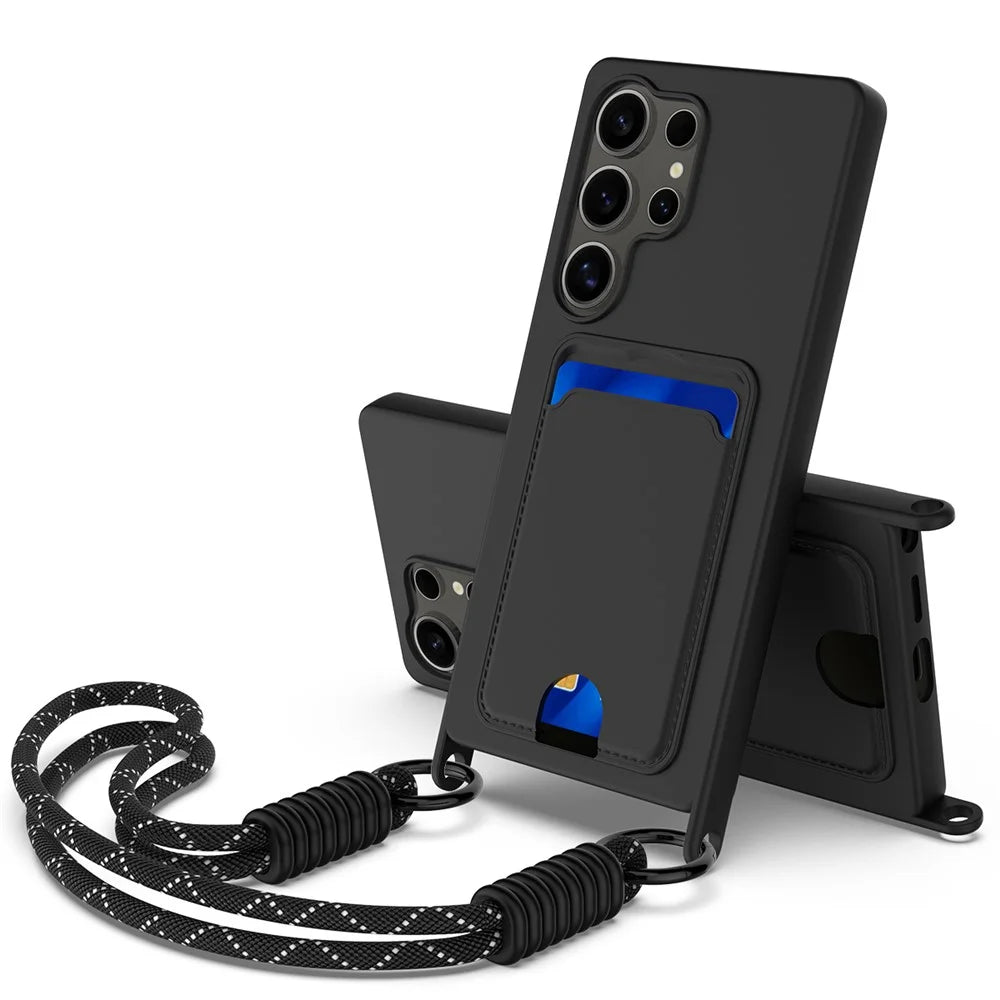 For Samsung Galaxy S25 Ultra Case Liquid Silicone Card Holder Phone Back Cover with Short Strap - Black - 1