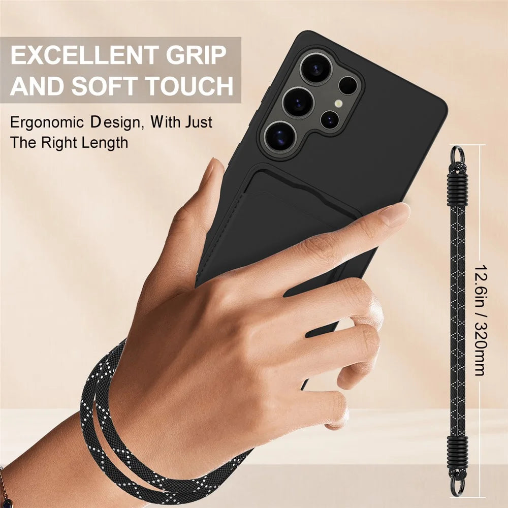 For Samsung Galaxy S25 Ultra Case Liquid Silicone Card Holder Phone Back Cover with Short Strap - Black - 3
