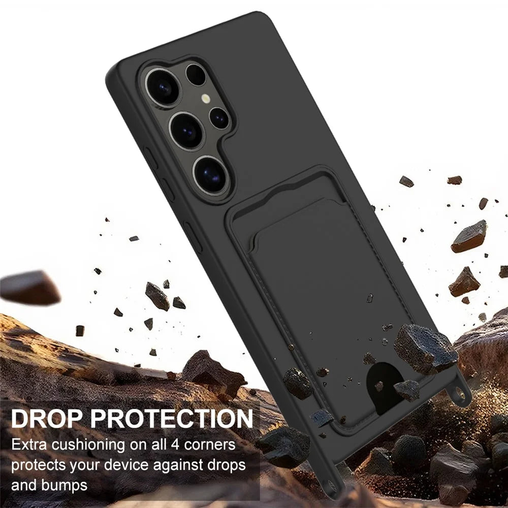 For Samsung Galaxy S25 Ultra Case Liquid Silicone Card Holder Phone Back Cover with Short Strap - Black - 5