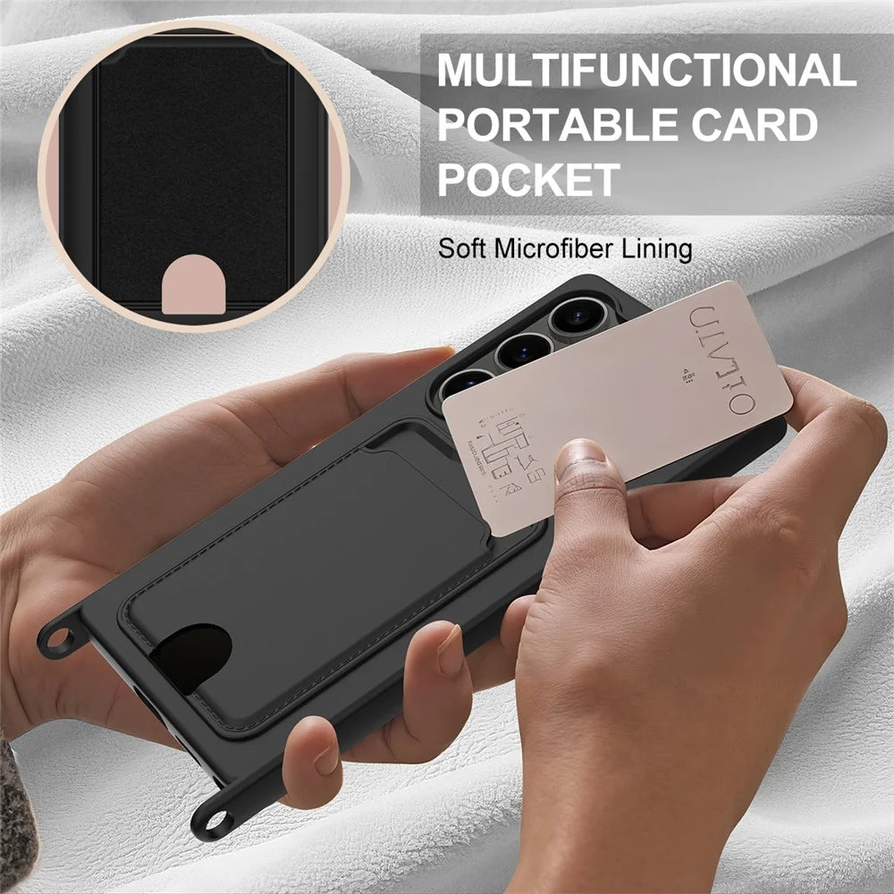 For Samsung Galaxy S25 Ultra Case Liquid Silicone Card Holder Phone Back Cover with Short Strap - Black - 6