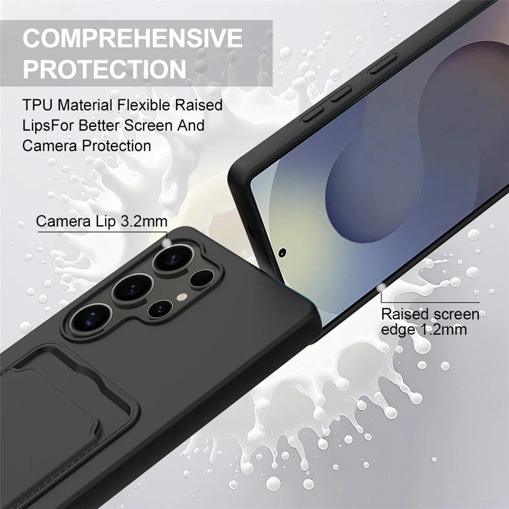 For Samsung Galaxy S25 Ultra Case Liquid Silicone Card Holder Phone Back Cover with Short Strap - Black - 7