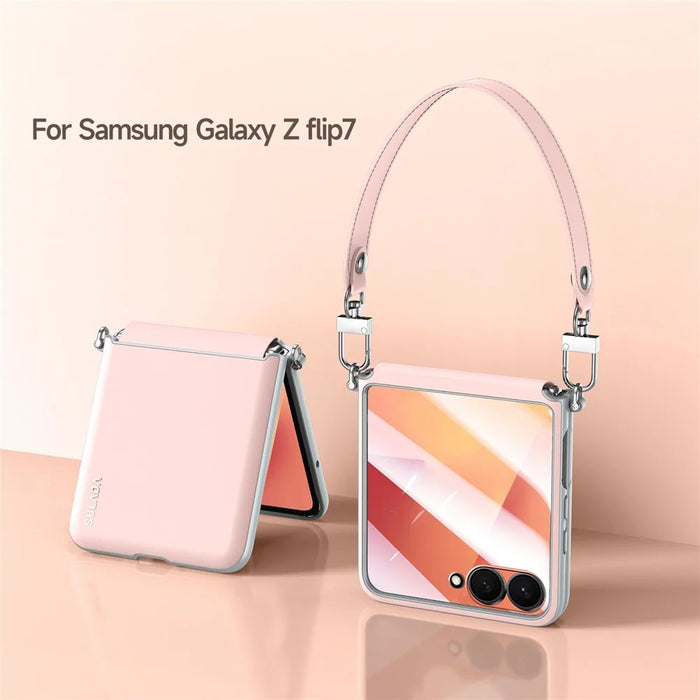 SULADA For Samsung Galaxy Z Flip7 5G Case with Strap Leather Back Phone Cover Hinge Protection - Pink - 2