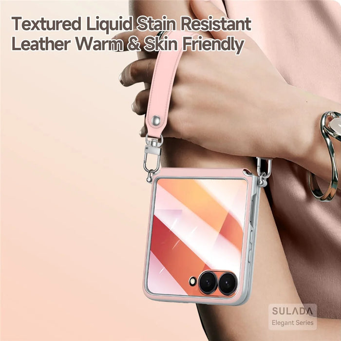 SULADA For Samsung Galaxy Z Flip7 5G Case with Strap Leather Back Phone Cover Hinge Protection - Pink - 4