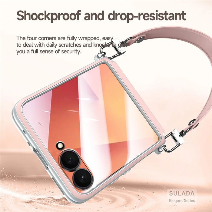 SULADA For Samsung Galaxy Z Flip7 5G Case with Strap Leather Back Phone Cover Hinge Protection - Pink - 6