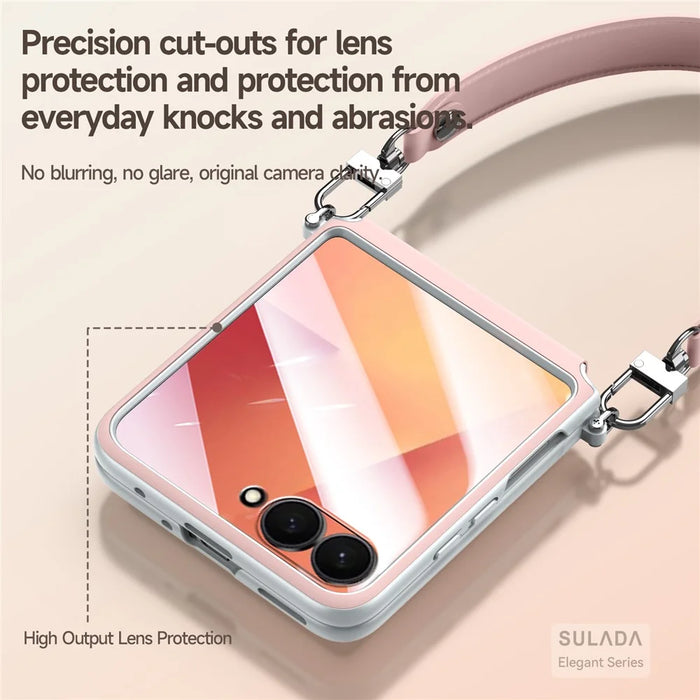 SULADA For Samsung Galaxy Z Flip7 5G Case with Strap Leather Back Phone Cover Hinge Protection - Pink - 7