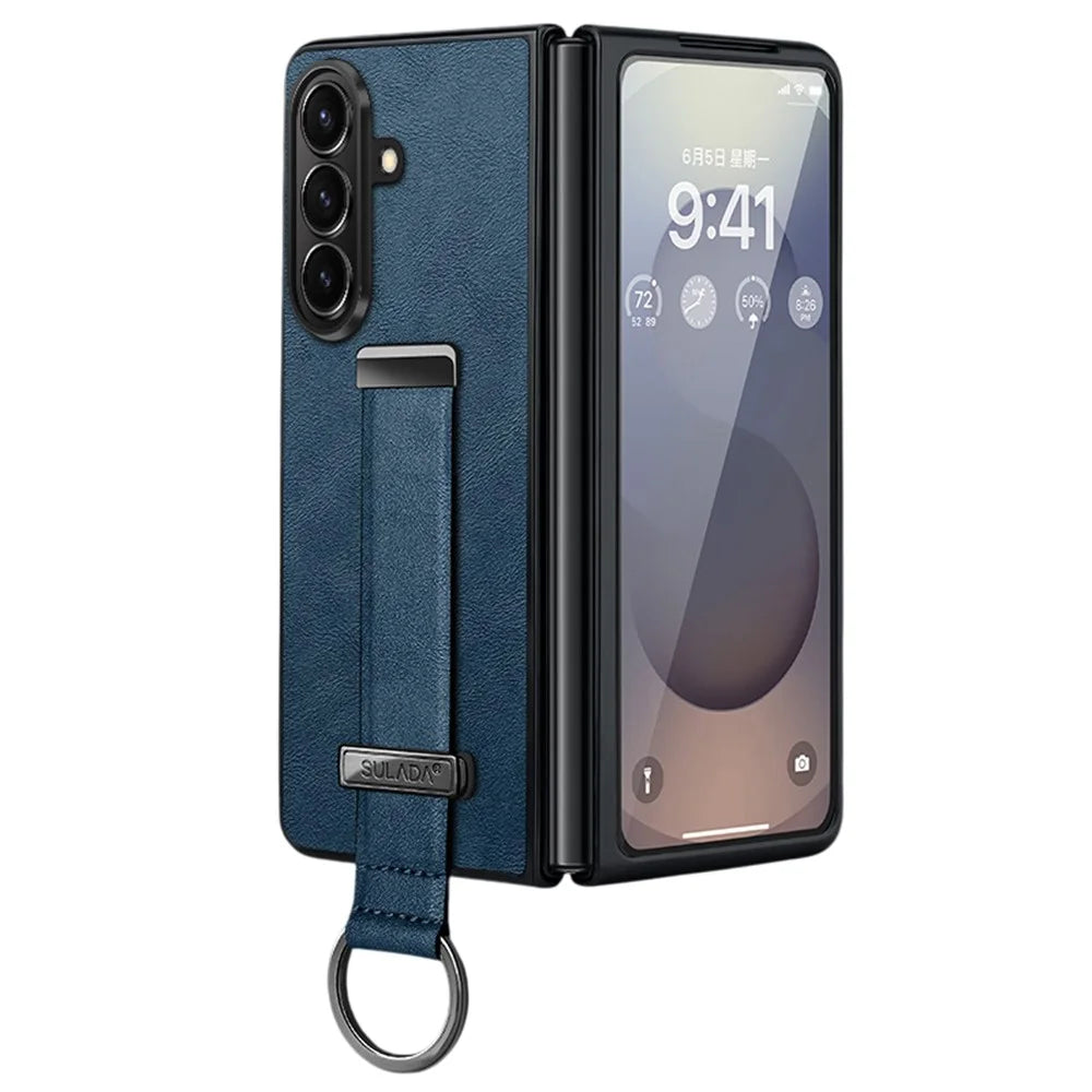 SULADA Fashion Series for Samsung Galaxy Z Fold7 5G PU Leather + PC Phone Case Adjustable Wristband Kickstand Cover - Blue - 1