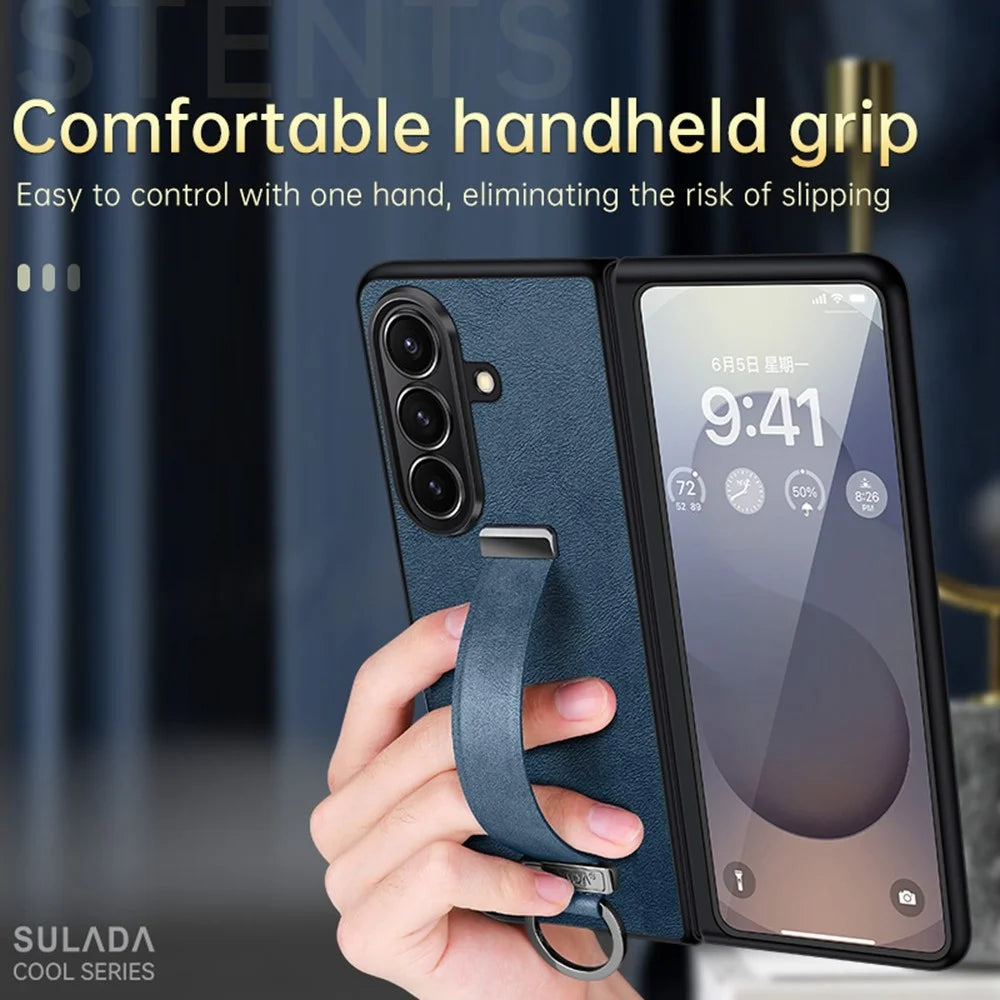 SULADA Fashion Series for Samsung Galaxy Z Fold7 5G PU Leather + PC Phone Case Adjustable Wristband Kickstand Cover - Blue - 2
