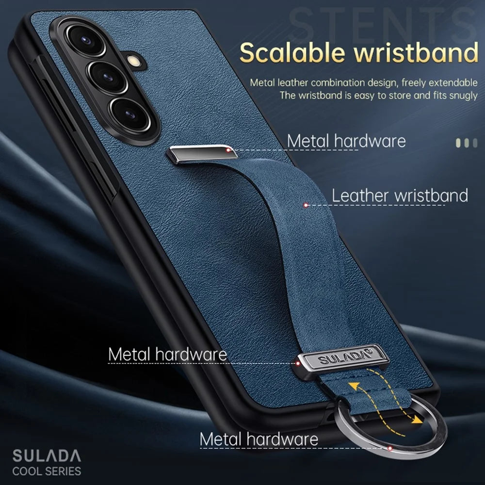 SULADA Fashion Series for Samsung Galaxy Z Fold7 5G PU Leather + PC Phone Case Adjustable Wristband Kickstand Cover - Blue - 3
