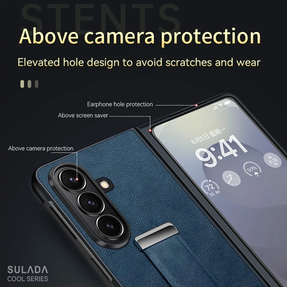 SULADA Fashion Series for Samsung Galaxy Z Fold7 5G PU Leather + PC Phone Case Adjustable Wristband Kickstand Cover - Blue - 5