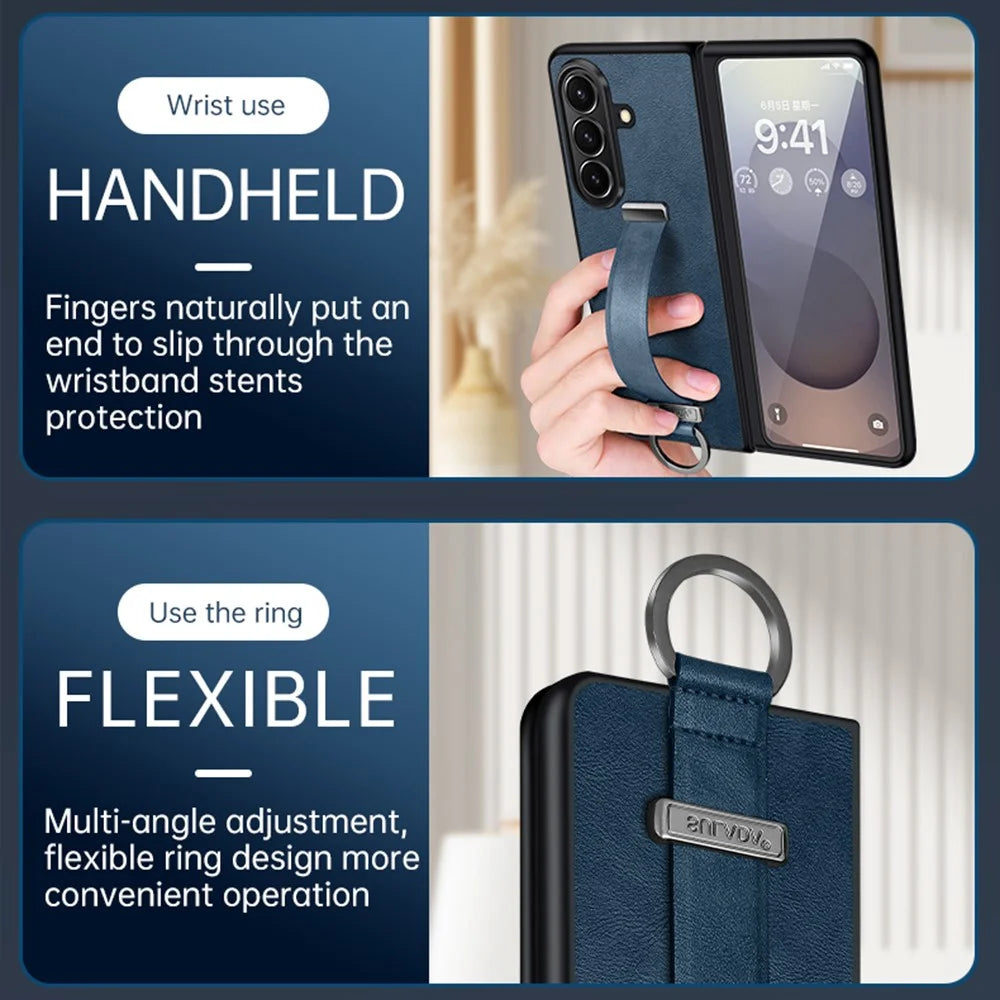 SULADA Fashion Series for Samsung Galaxy Z Fold7 5G PU Leather + PC Phone Case Adjustable Wristband Kickstand Cover - Blue - 7
