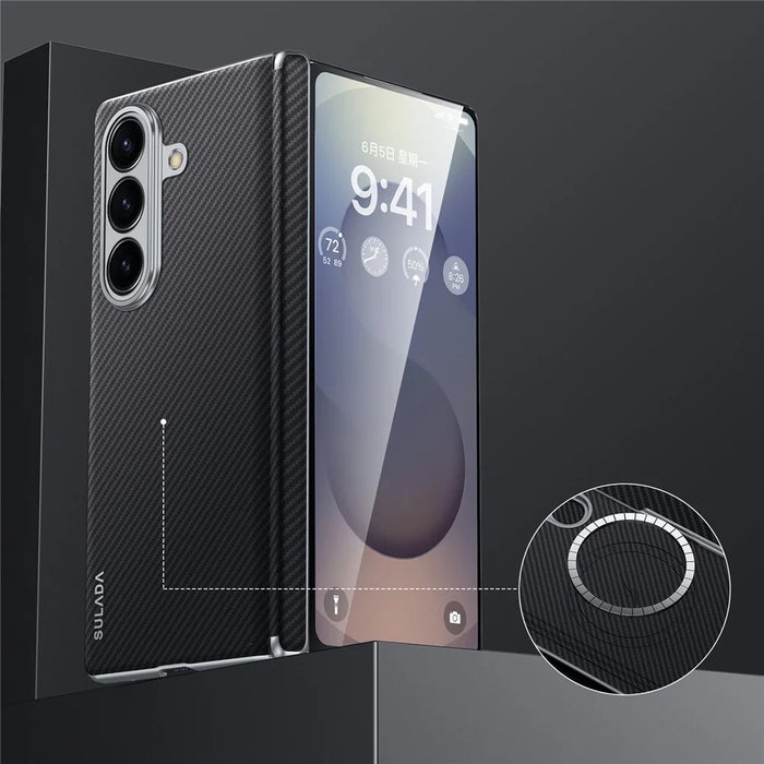SULADA For Samsung Galaxy Z Fold7 5G Magnetic Case Leather+PC Phone Cover Carbon Fiber Texture - Black - 1