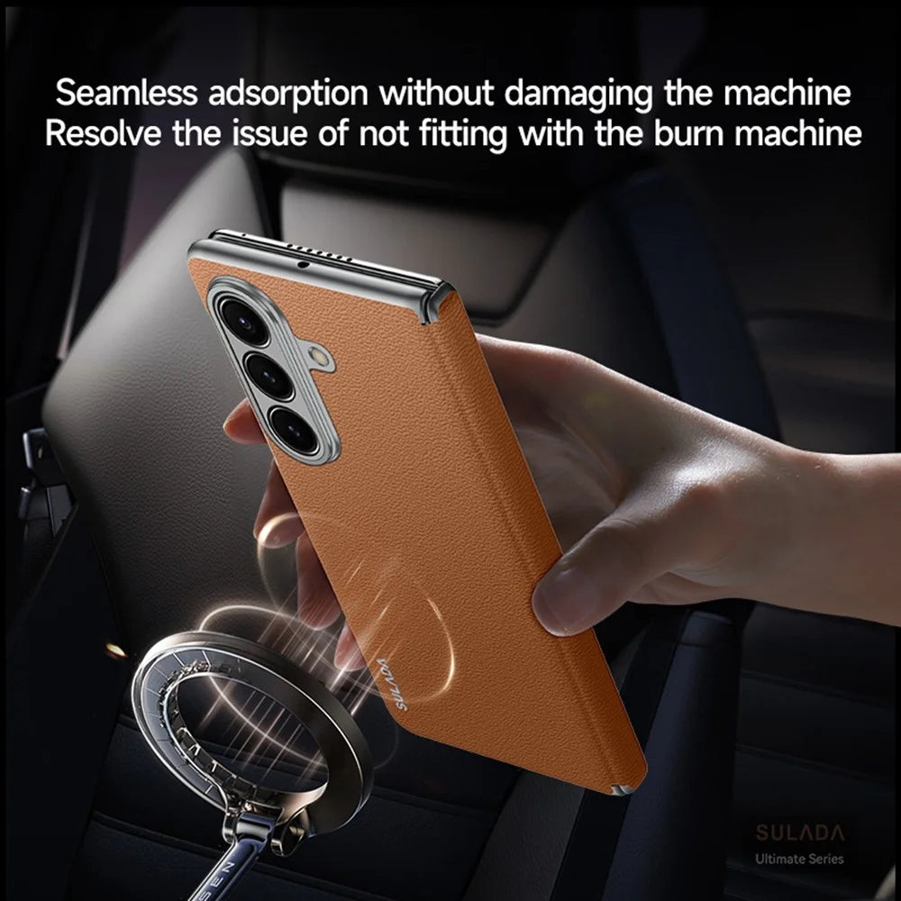 SULADA For Samsung Galaxy Z Fold7 5G Case Genuine Cow Leather Frameless Phone Back Cover - Brown - 3